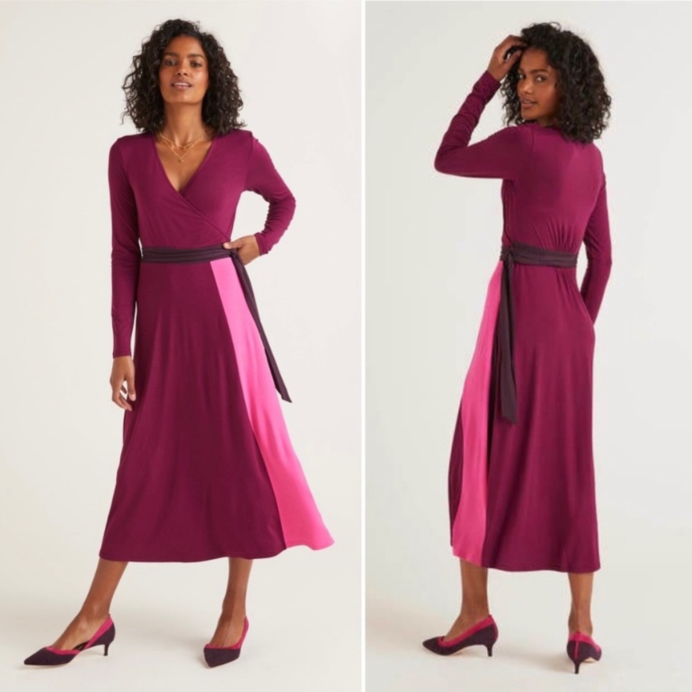 Boden Laurie Jersey Wrap Dress Colorblock Midi Maxi V Neck Merlot Pink